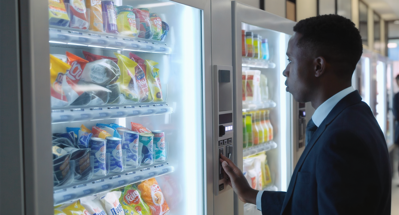 Distributeur automatique moderne avec prix affichés et produits variés