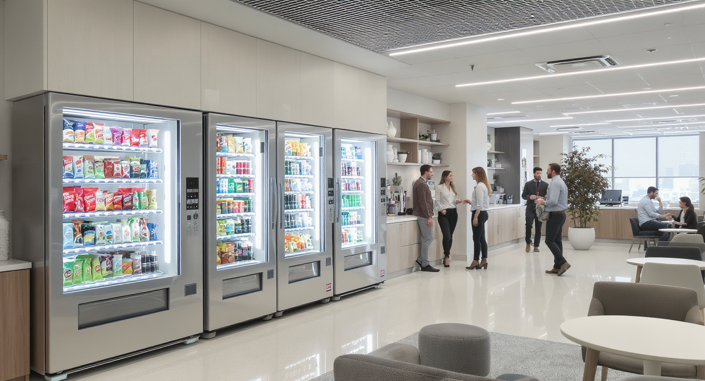 Distributeur automatique moderne dans un environnement professionnel dynamique