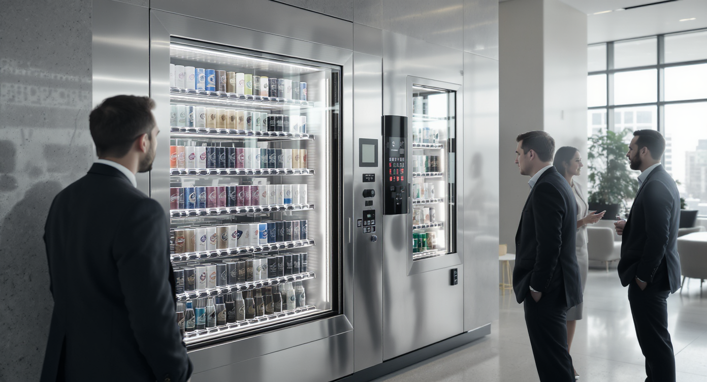 Distributeur de boissons moderne dans un environnement professionnel dynamique