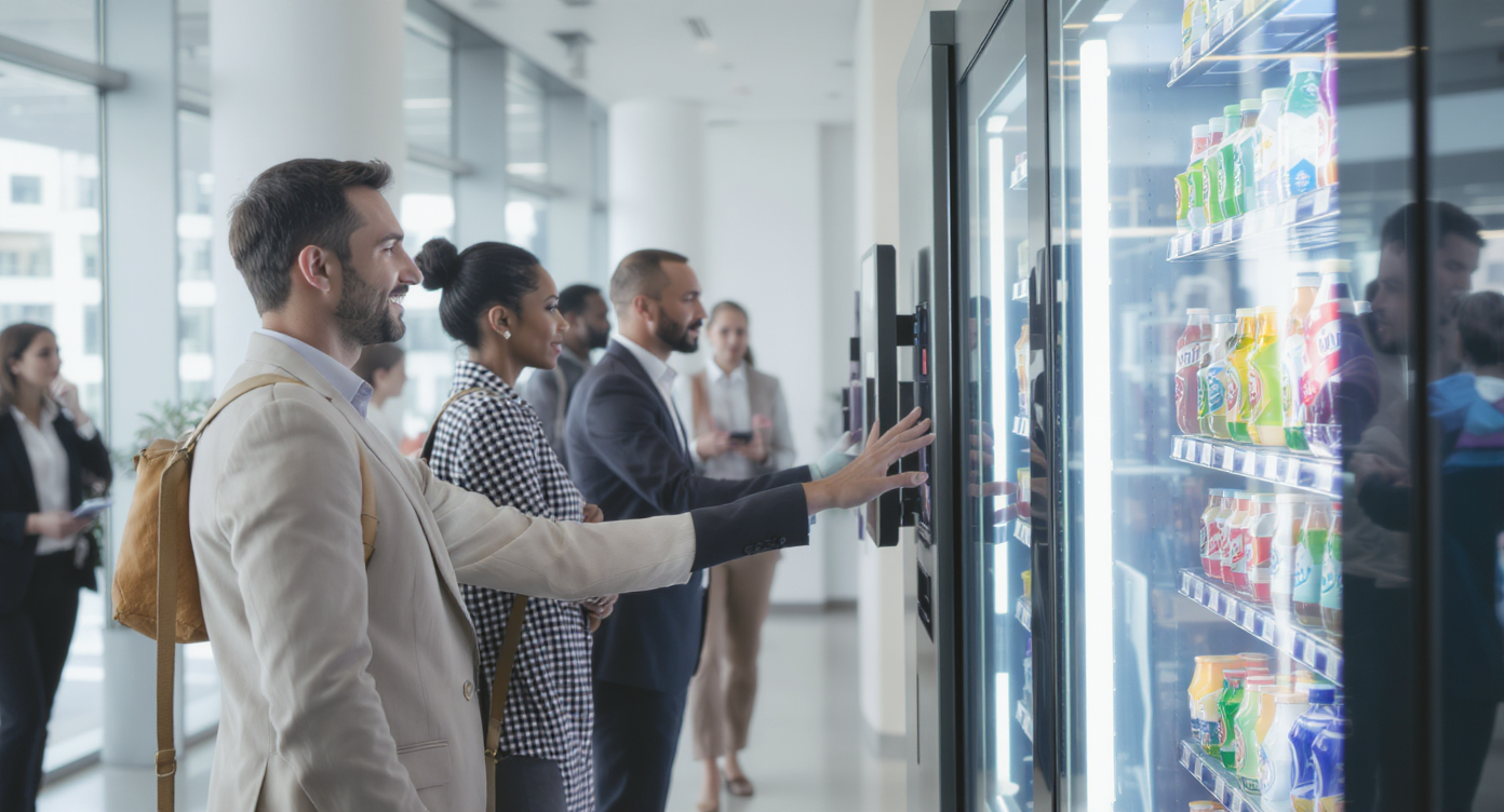 Distributeur automatique moderne dans un environnement professionnel dynamique