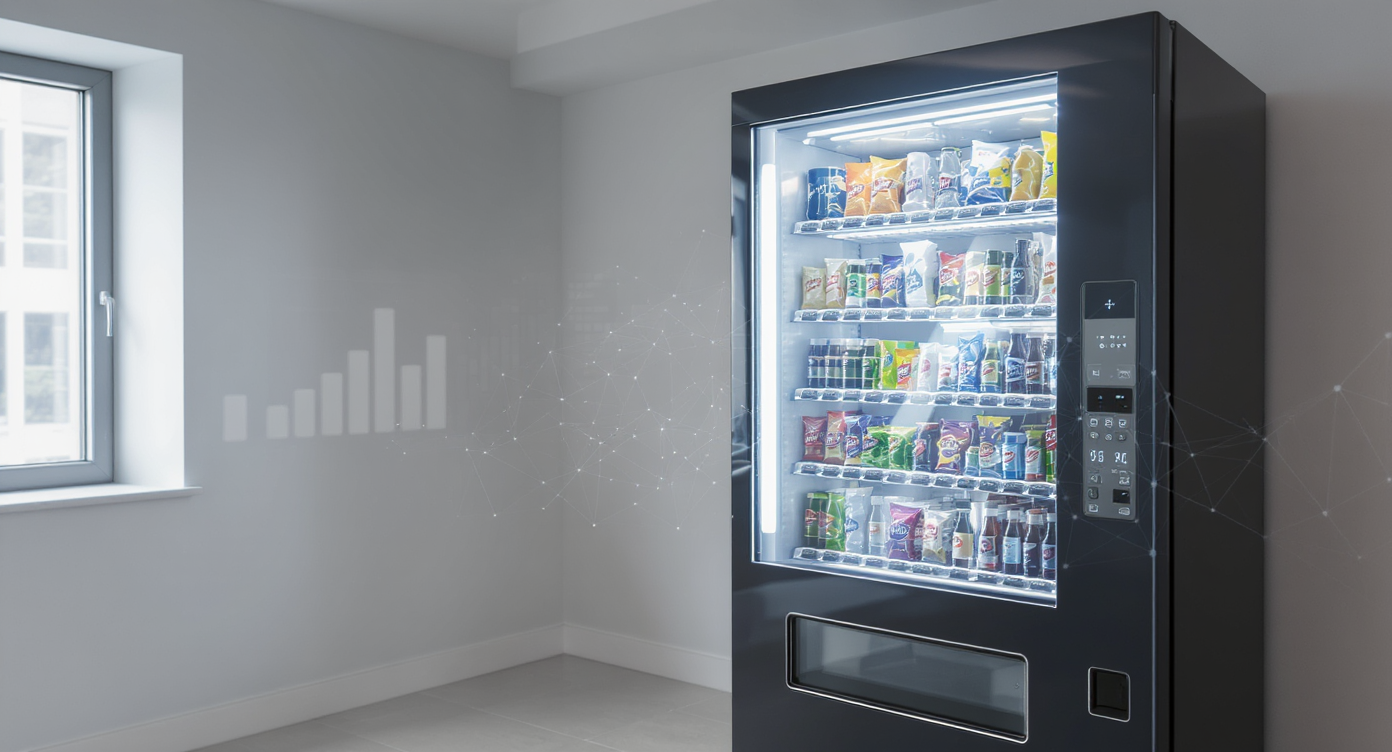 Distributeur automatique avec étiquettes de prix et produits variés